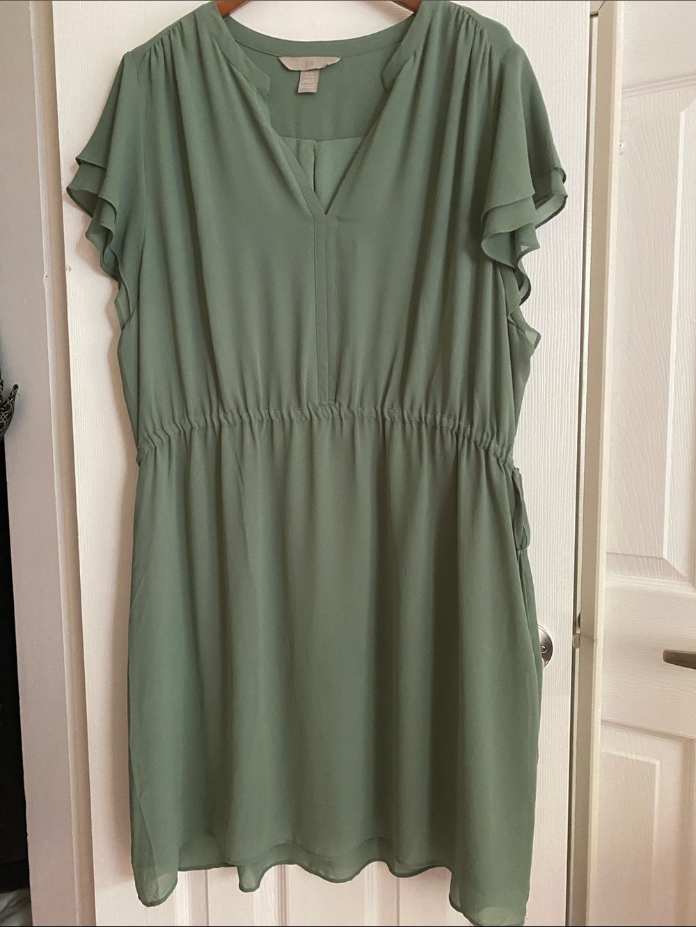 H&M Olive Green V-Neck Flutter Sleeve Dress